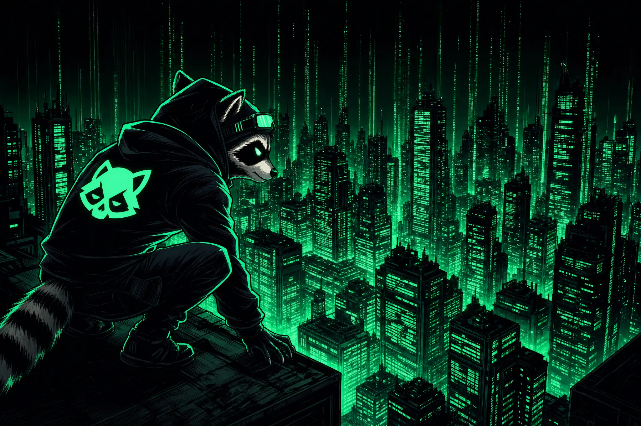 Comic panel: the raccoon red-team operator in shadow, studying a glowing mint map of a target's exposed subdomains, vendor pages and forgotten hosts.