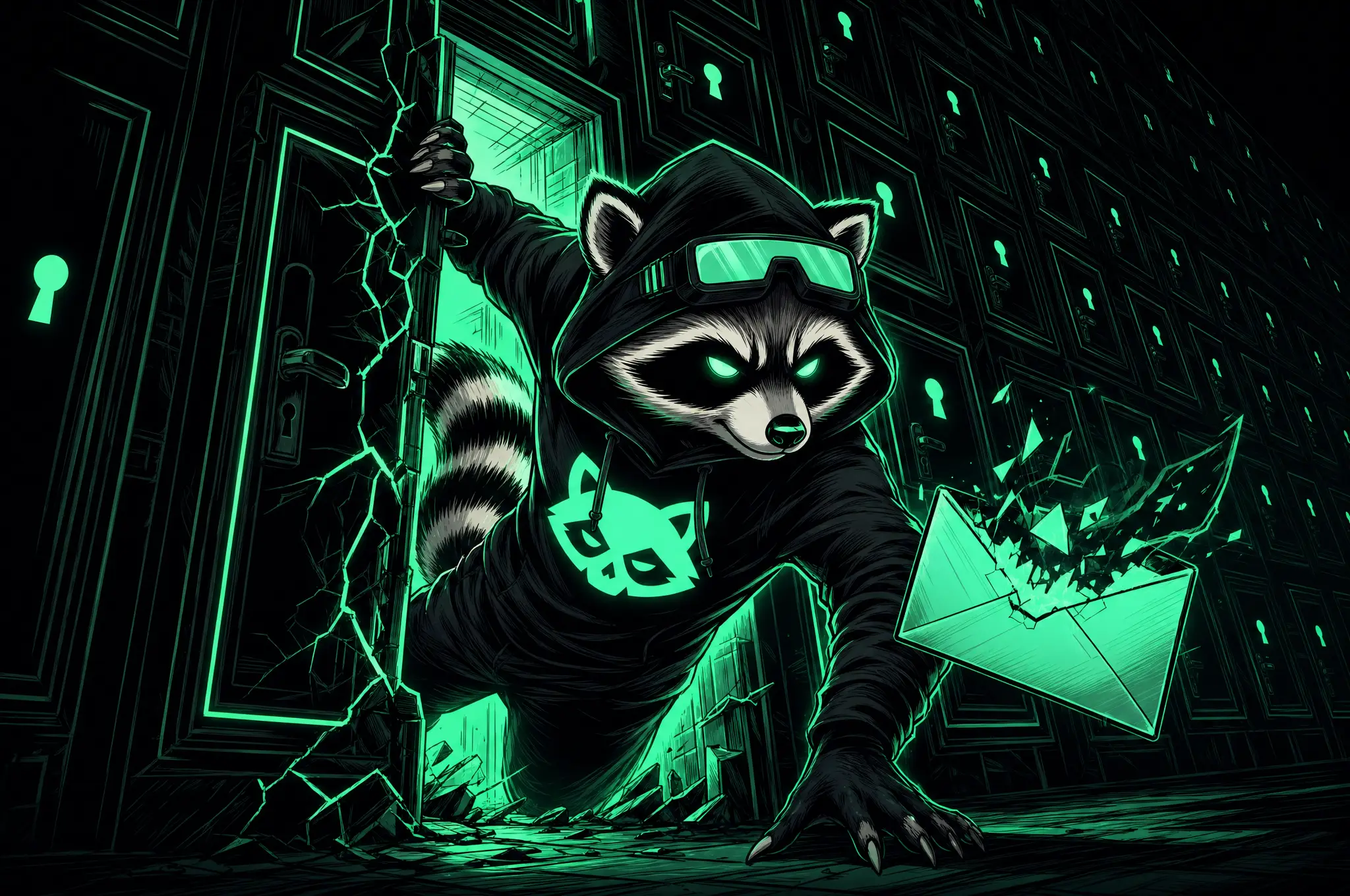 Comic panel: the raccoon operator slipping through the one unlocked door in a wall of locked ones, mint light spilling out around him.