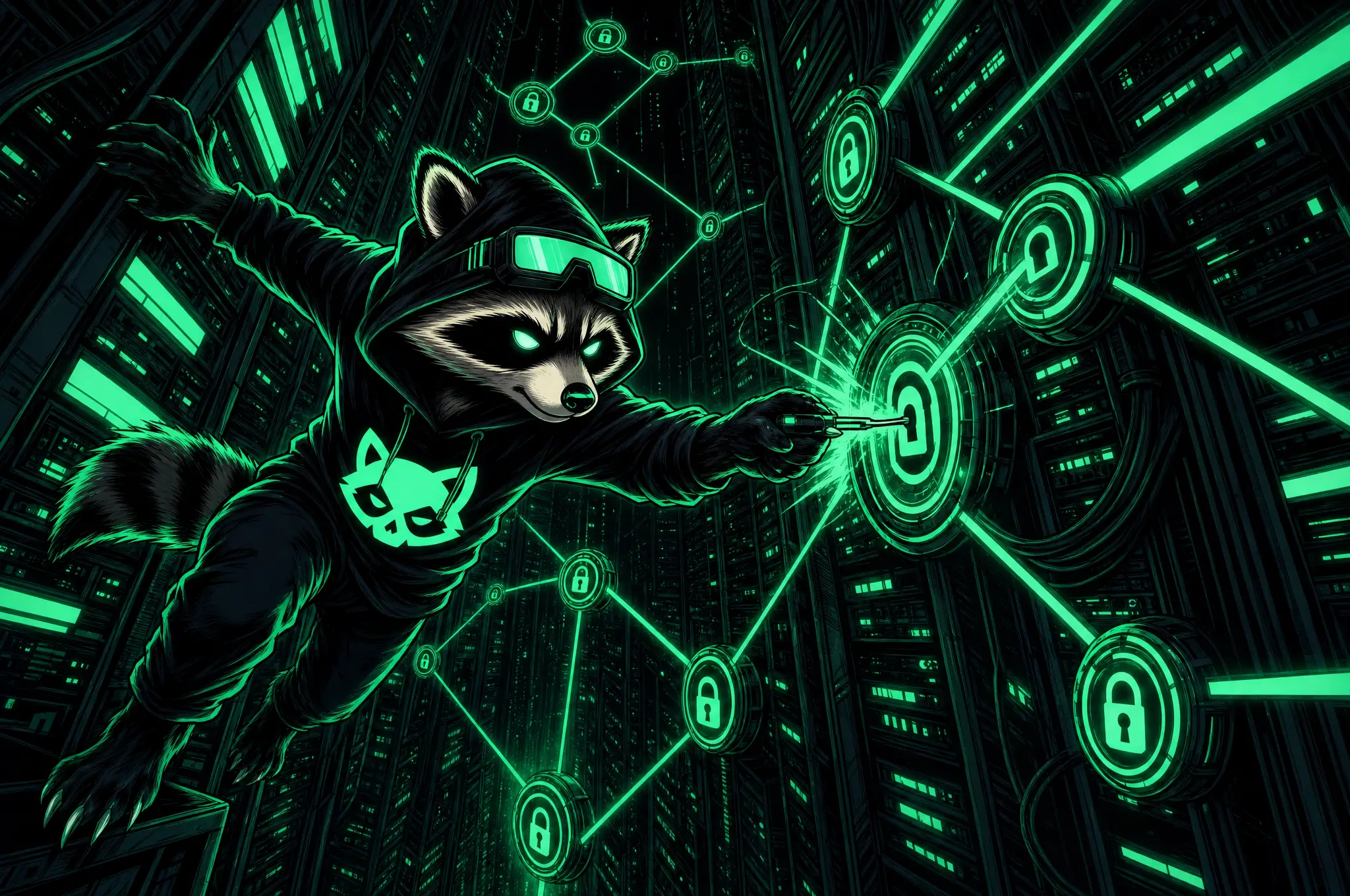 Comic panel: the raccoon operator moving laterally through a server room, tracing glowing mint trust-links between machines toward domain admin.