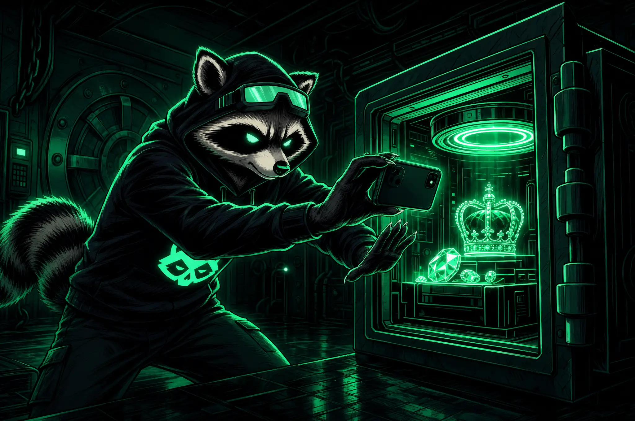Comic panel: the raccoon operator standing before an open mint-lit vault of data, photographing the open safe without taking anything.