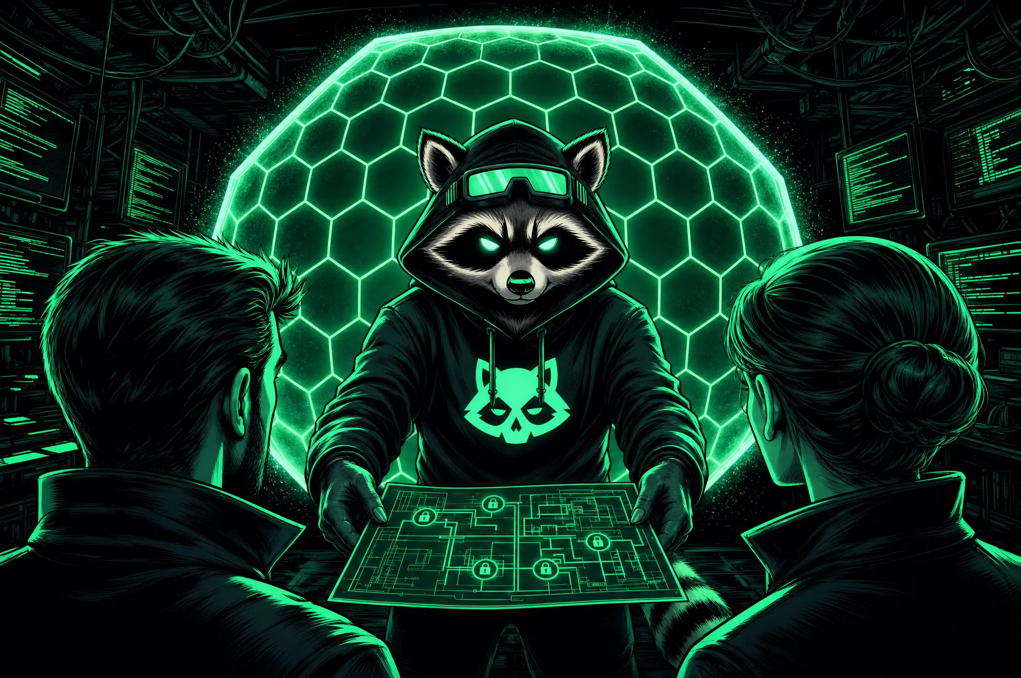 Comic panel: the raccoon operator at a desk writing the engagement report, a mint-lit map of every door and hop laid out on the page.